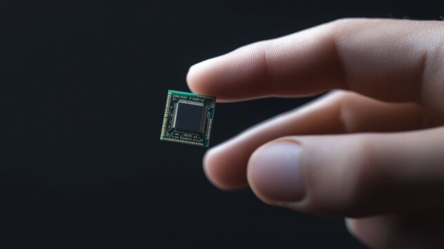 Close-Up of Fingertip Holding Microchip on Black Background, Technology Conceptual Image for Computer Science and Electronics Industry - Powered by Adobe
