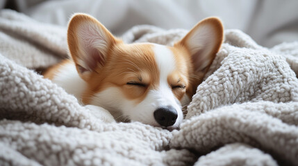 close up of Corgi puppy sleeping on a soft gray blanket in the living room