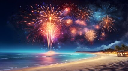 Title: Bright fireworks illuminating the night sky above a sandy beach near the water; fireworks, beach, night, festivity, sky