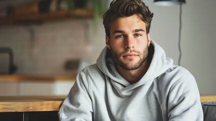 A young man with brown hair and a beard wears a gray hoodie.