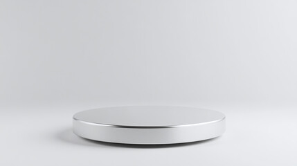 Stage Pedestal Stand with a Silver Metal Background. Circular Steel Shape Rendered in White, Podium with a Separated Silver Base for Display