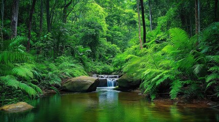 Tranquil forest stream surrounded by lush greenery and tall trees