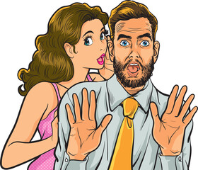 people whispering gossip or business secret to friend surprised In Retro Vintage Pop Art Comic Style