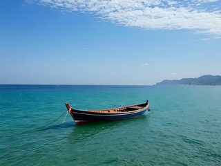 Small wooden boat anchored in turquoise water, blue sky with white clouds.