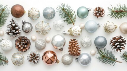 Elegant Christmas Background with Ornaments on White Surface