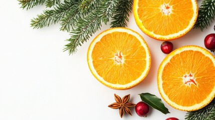 Festive Christmas Background with Citrus Fruits and Natural Elements on White Surface