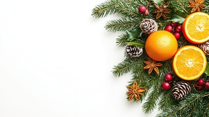 Festive Christmas Background with Citrus Fruits and Natural Elements on White Surface