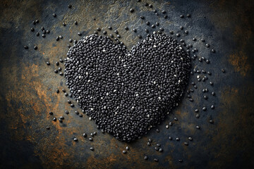 Heart-shaped chia seeds arrangement on rustic dark background, highlighting healthy eating and superfood concepts