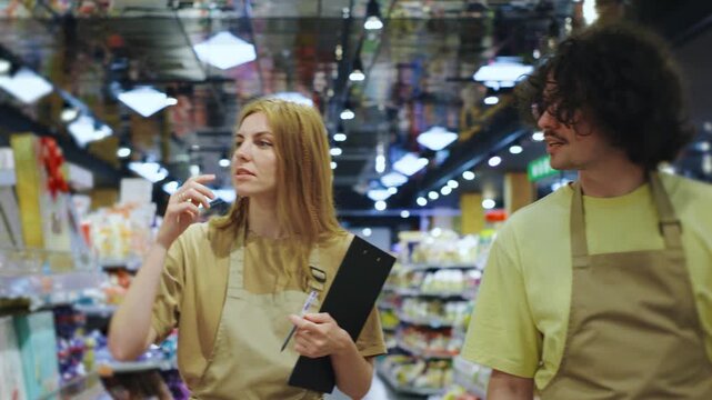 In a friendly local grocery store, you can see employees actively engaging with shoppers in the aisles, providing assistance, and creating a joyful atmosphere for everyone involved