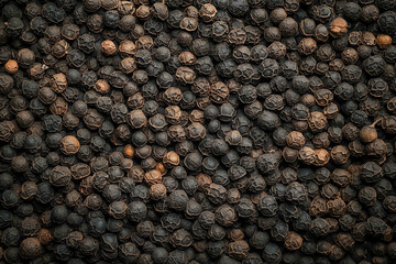 Full-frame close-up of black peppercorns showcasing texture, spices, and culinary ingredient concept