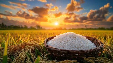 a wicker basket filled with white rice