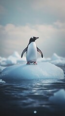 Fototapeta premium A penguin balances gracefully on an ice floe surrounded by chilly water and soft clouds