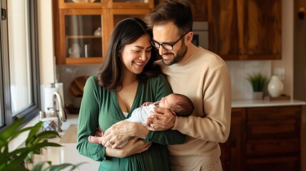 Loving Parents Cradling Newborn Baby in Warm, Cozy Kitchen  
