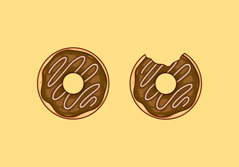 yummy doughnut and bitten doughnut with chocolate glaze top view vector illustration