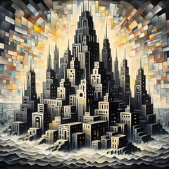 Obraz premium City of Light: An Abstract Metropolis Rising Above the Waves.
