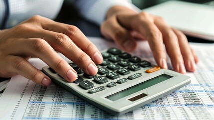 A woman's hands are using a calculator to add up a column of numbers on a spreadsheet.