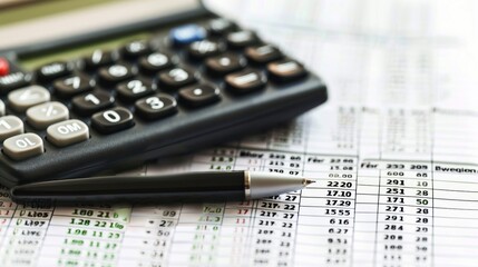 Black calculator and pen on the financial report.