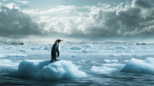 An emperor penguin perches on a floating ice chunk surrounded by water and a picturesque sky