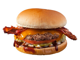 Bacon cheeseburger with tomato, pickle, onions and barbecue sauce; png file; copy space