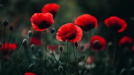 Fototapeta premium Red poppies on dark green background 