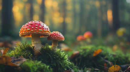 Autumn toadstools on forest background