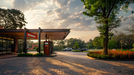 A Contemporary Designed Filling Station. Gas Station At Day.  