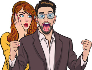 people whispering gossip or business secret to friend surprised In Retro Vintage Pop Art Comic Style