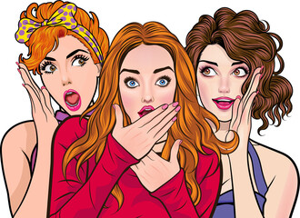 Woman whispering gossip or secret to her friend surprised In Retro Vintage Pop Art Comic Style
