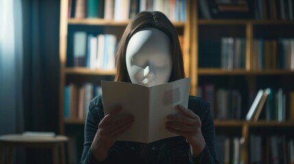 Woman reading a book in the library, hiding her face behind a mask