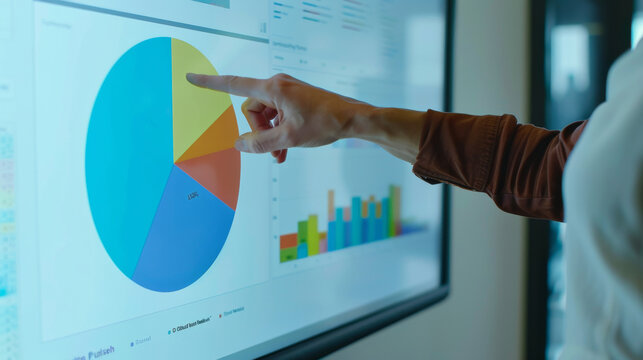 Businesswoman analyzing financial data on interactive whiteboard during presentation