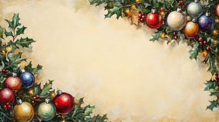 Vintage Christmas Garland with Ornaments and Lights on Beige Background