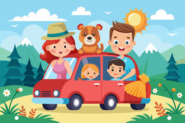 Happy family rides in a car. Dad, mom, children and a dog went on a vacation trip. Vector illustration
