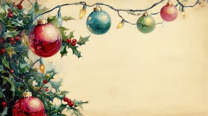Vintage Christmas Garland with Ornaments and Lights on Beige Background