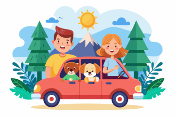 Happy family rides in a car. Dad, mom, children and a dog went on a vacation trip. Vector illustration
