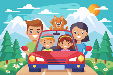 Happy family rides in a car. Dad, mom, children and a dog went on a vacation trip. Vector illustration
