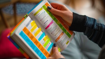 Colorful weekly planner in woman hands.