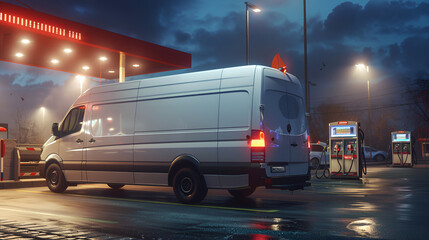 A White Van Filling Up Its Gas Tank On Gas Station.