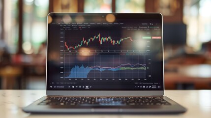 Laptop on table with graphs on screen