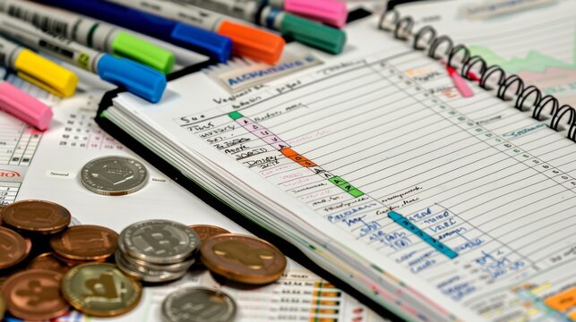 Notepad and colorful markers on the table with scattered coins.