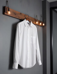 White Dress Shirt on Hanger with Wooden Rack and String Lights Generative AI