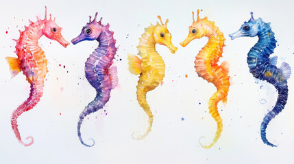 Colorful seahorse watercolor paintings against a white backdrop. --ar 16:9 --v 6.1 Job ID: 7f59dbae-3434-403f-97be-b89ff694e05f