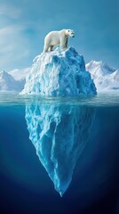 A polar bear surveys its surroundings while perched on a large iceberg in a vast, icy environment