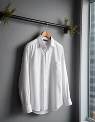 White Dress Shirt on Hanger with Industrial Rail and Greenery Generative AI