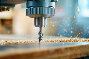A close-up shot of an industrial workbench with a metal drill press in action, creating holes on the surface of a steel material using its spade drill bit. 