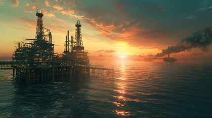 Naklejka premium An Oil Plant In Middle Of Ocean. Oil Refinery Plant.