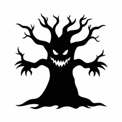 Spooky haunted tree black and white silhouette illustration