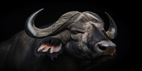 Naklejka premium Photo of a buffalo isolated against a black background, emphasising the buffalo's majestic features. Wildlife and conservation concept, space for copy.