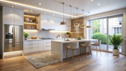 Fototapeta premium minimalist chic defines open-concept kitchen with light hardwood floor as canvas for stainless steel appliances and crisp white cabinets under soft LED lights