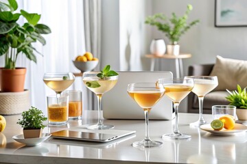 Minimalist chic with clean lines, monochromatic tones, and a touch of simplicity in a sleek virtual cocktail gathering