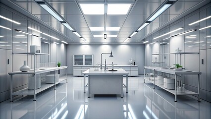Minimalist Chrome Accents Futuristic Laboratory Scene High-Key Lighting Bright Whites Neutral Grays Isolated Subject Matte Finish Cloning Concept Sterile Background